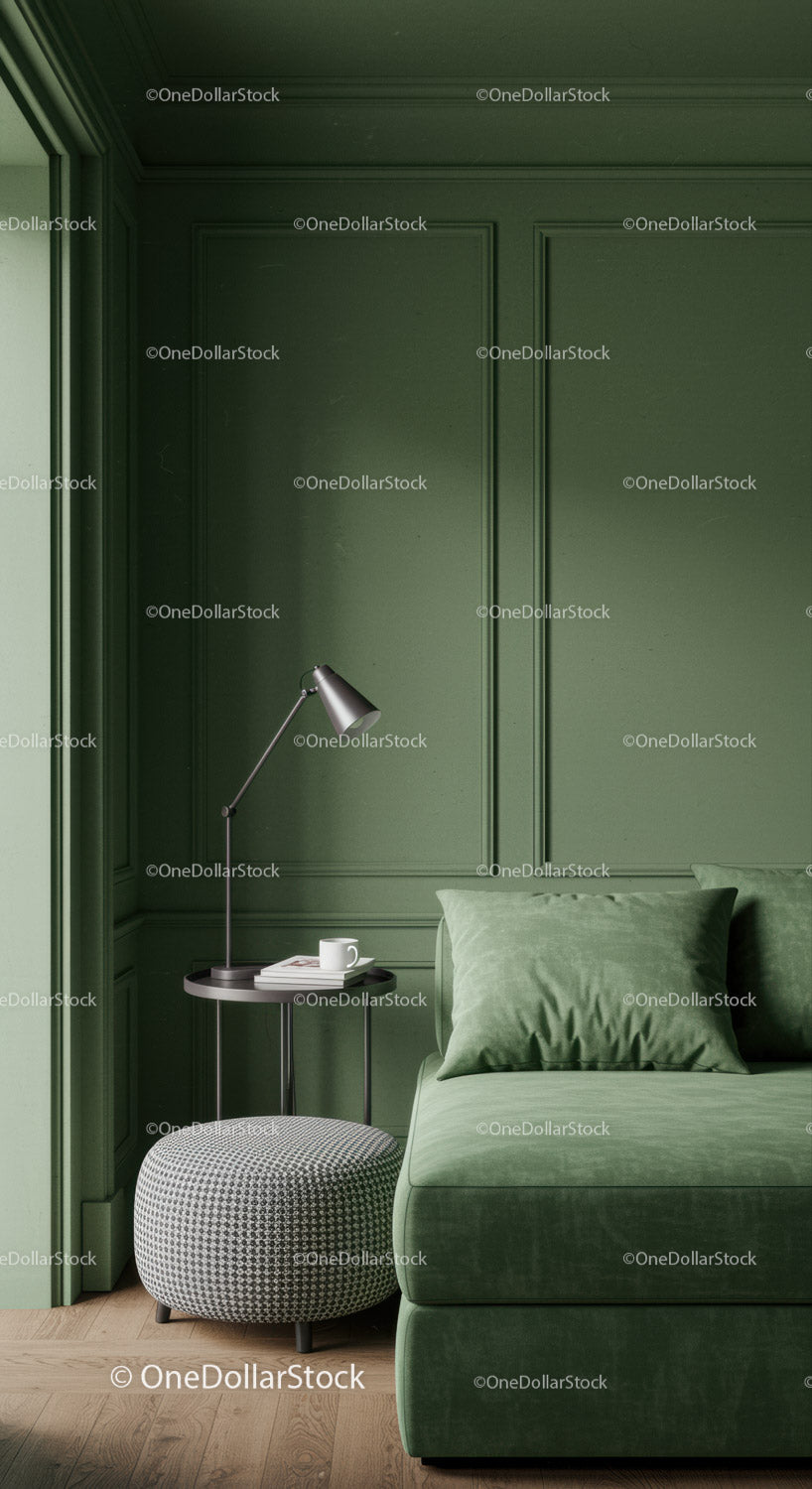 Elegancka zielona ściana z przytulną sofą i nowoczesnym wystrojem w salonie