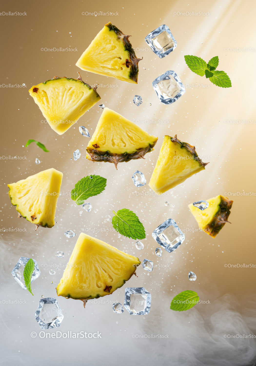 Fresh pineapple slices with ice and mint leaves