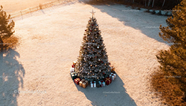 Decorated Christmas Tree with Gifts on Frosty Lawn