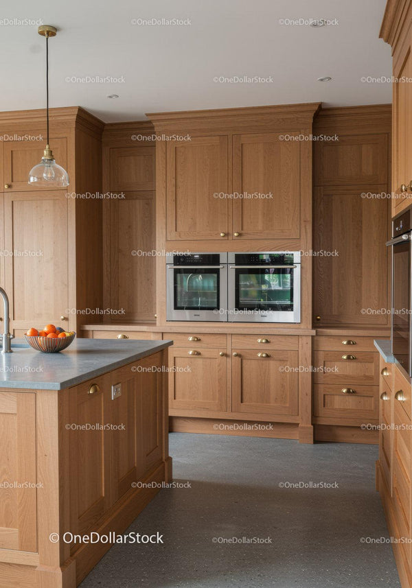 Modern Kitchen with Wooden Cabinets and Gray Countertop
