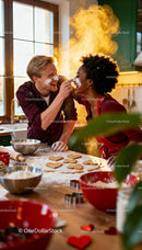 Couple Playfully Baking Heart-Shaped Cookies Together