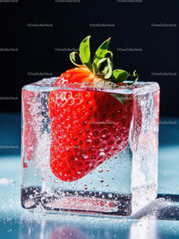 Fresh strawberry frozen inside a clear ice cube
