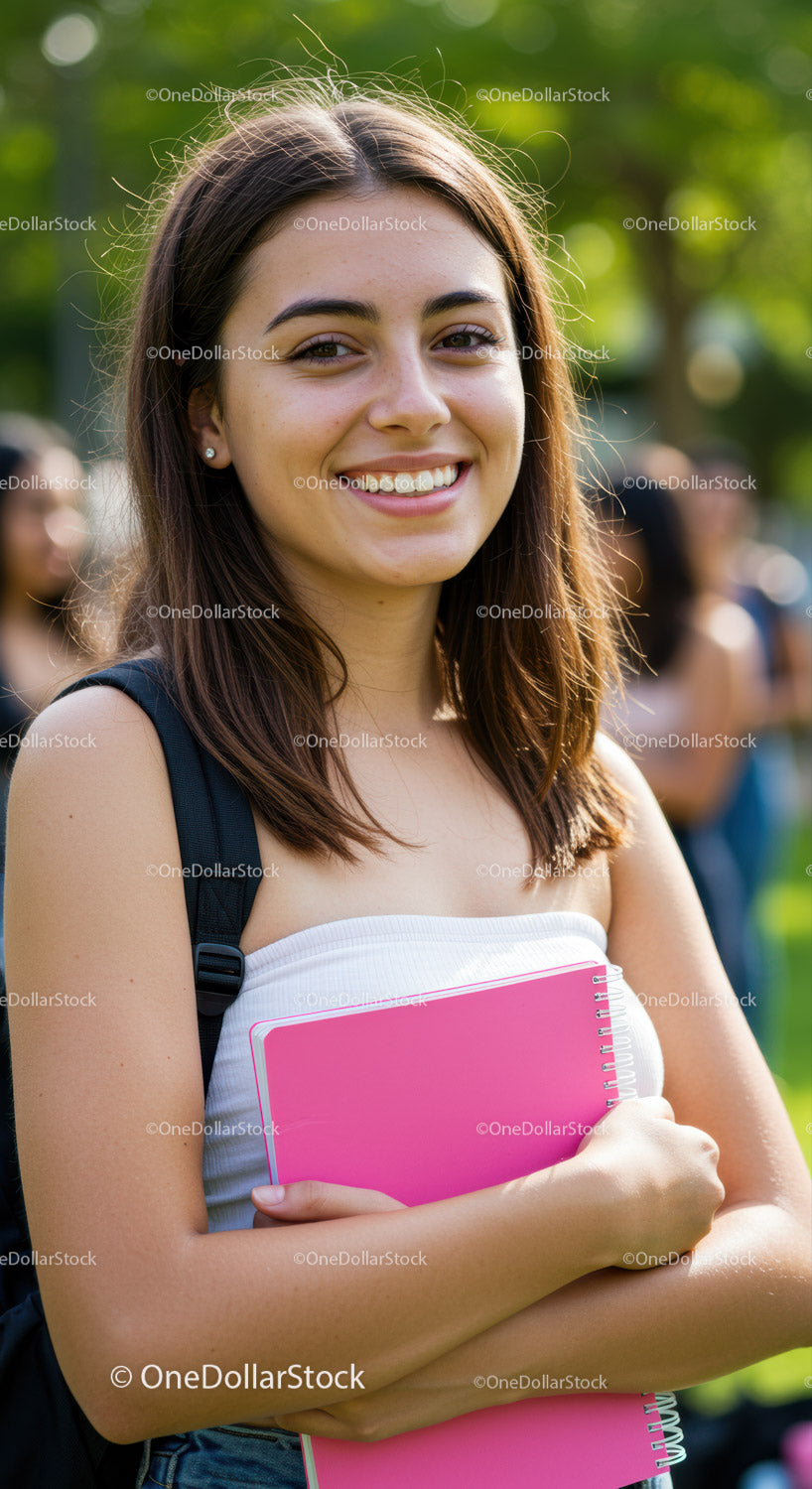 Young Woman with Backpack Holding Pink Notebook Outdoors in Sunlight