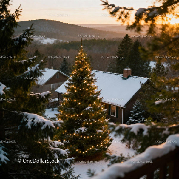 Winter sunset with glowing Christmas tree in snowy yard