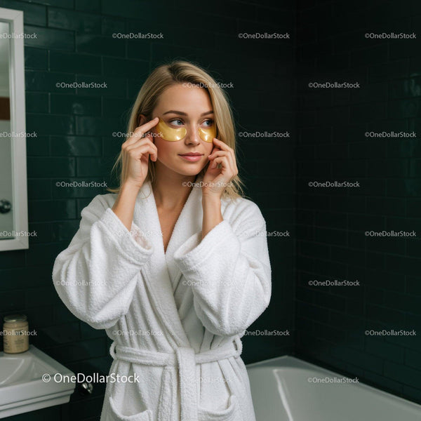 Young Woman with Eye Masks in Spa Setting Use Skincare Routine