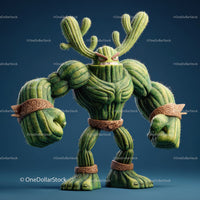 Vibrant Green Anthropomorphic Cactus Character with Muscular Build