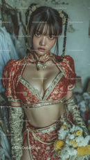 Beautiful Woman in Traditional Red Chinese Dress with Braided Hair