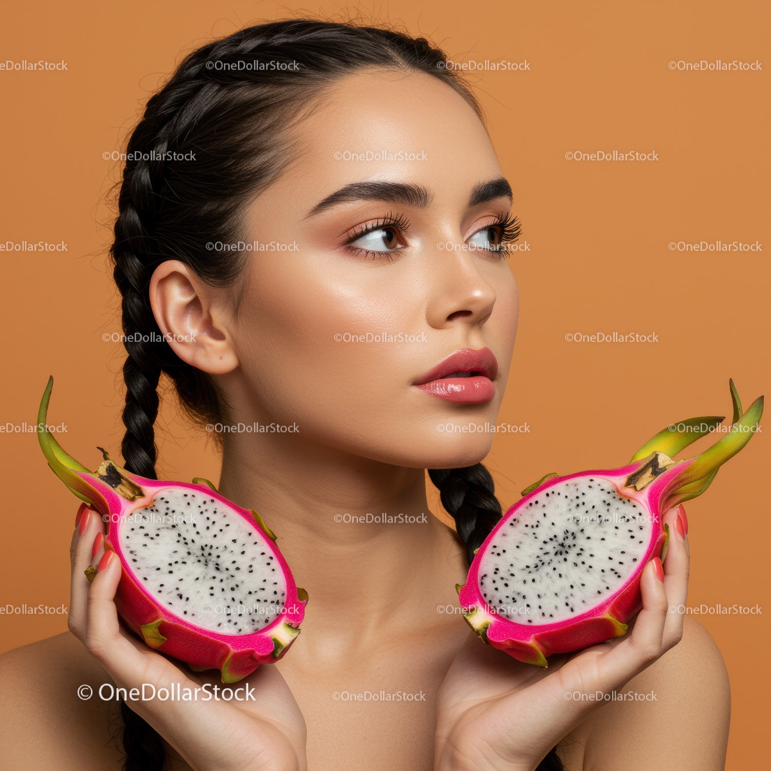 Portrait of a Beautiful Woman with Braided Hair and Dragon Fruits