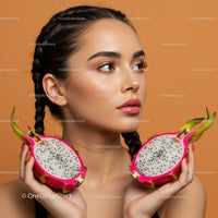 Portrait of a Beautiful Woman with Braided Hair and Dragon Fruits