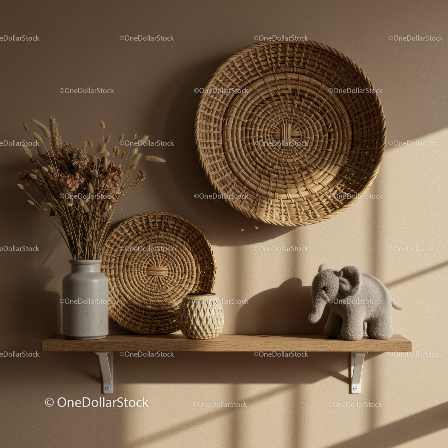 Cozy neutral-style shelf with dried flowers and decor