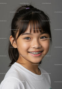 Happy Girl with Braces Smiling Portrait in Studio