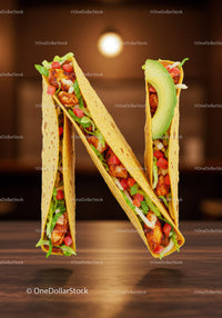 Letter N Shaped with Fresh Chicken Tacos on Wood Table