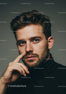 Thoughtful young man with beard in black turtleneck