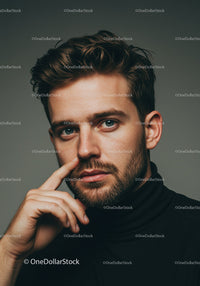 Thoughtful young man with beard in black turtleneck