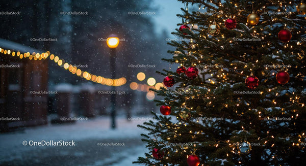 Snowy Evening with Festive Outdoor Christmas Tree