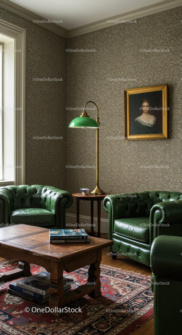 Cozy vintage sitting area with green leather armchairs