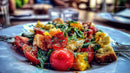 Colorful Vegetable Salad with Tomatoes and Bread Croutons