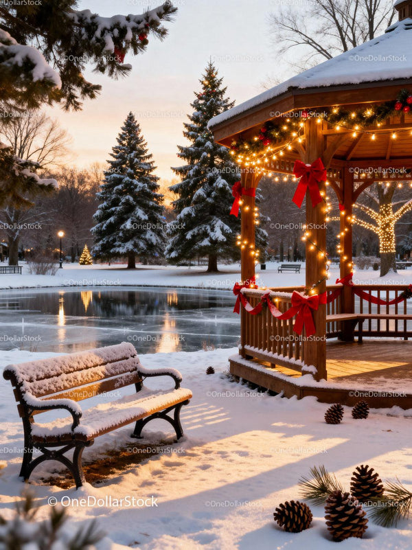 Snowy Bench Beside Festive Gazebo in Winter Park