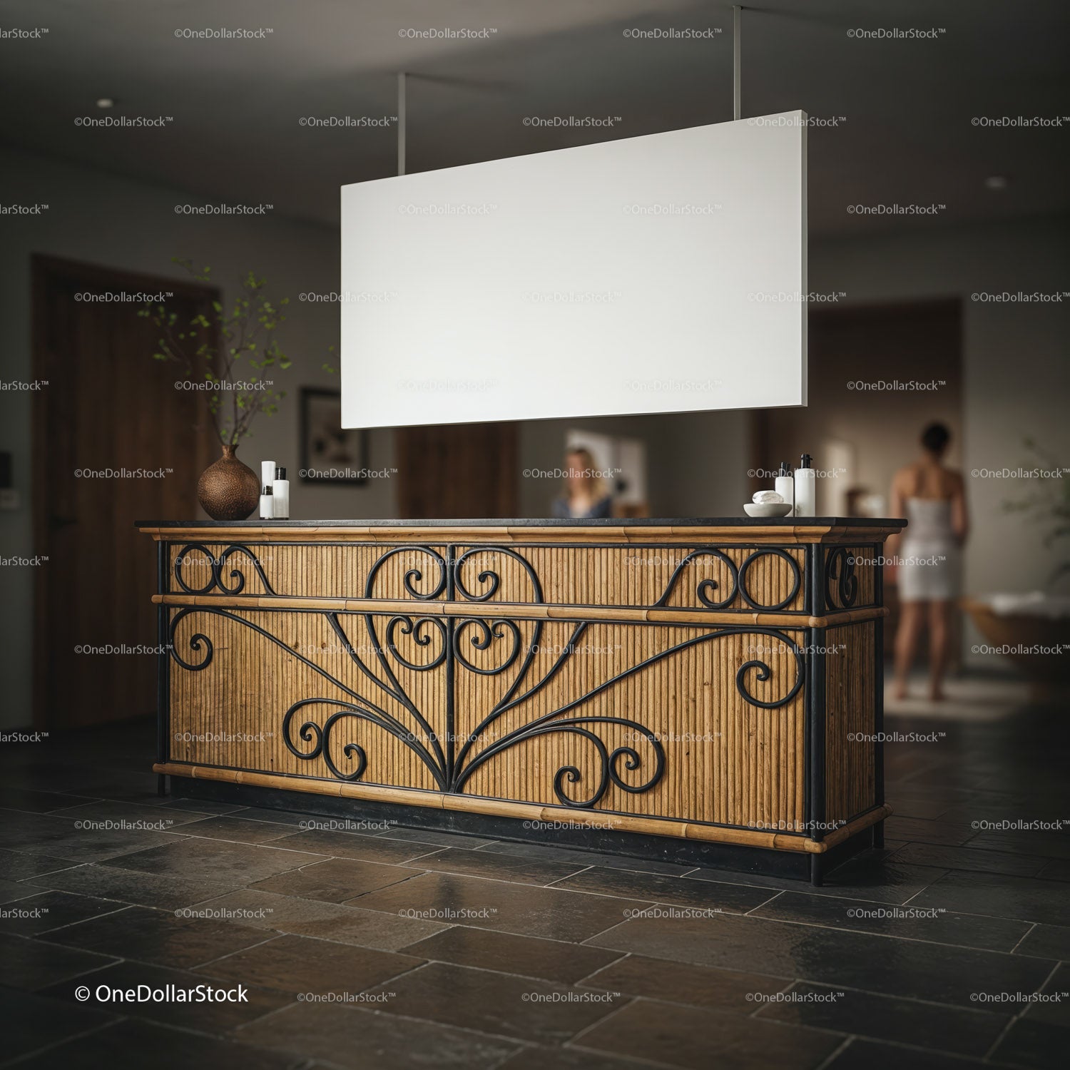 Stylish reception desk in cozy spa interior