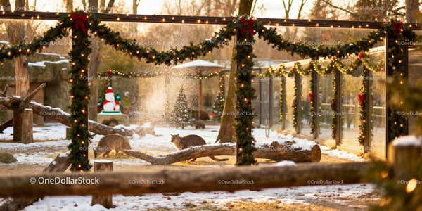 Winter zoo enclosure decorated with festive Christmas lights