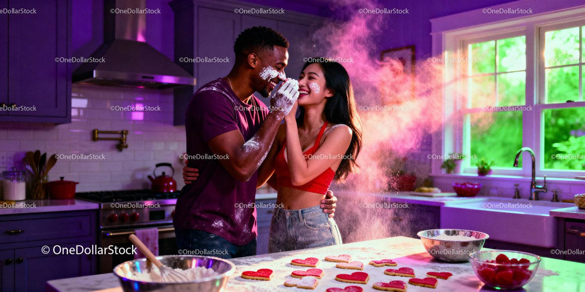 Couple Playfully Baking Heart Cookies in Vibrant Kitchen