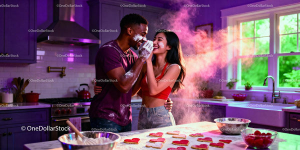 Couple Playfully Baking Heart Cookies in Vibrant Kitchen