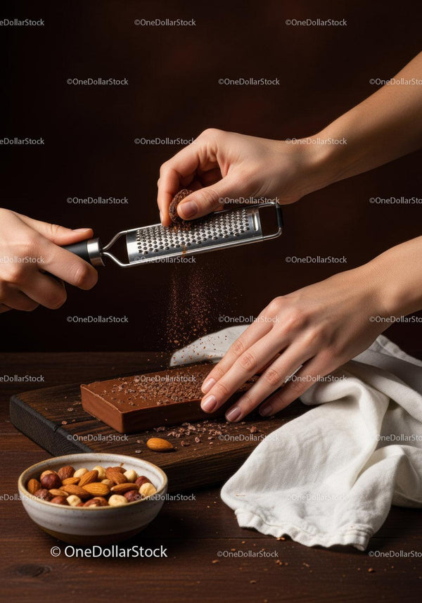 Hands Grating Chocolate on a Wooden Surface for Dessert Preparation