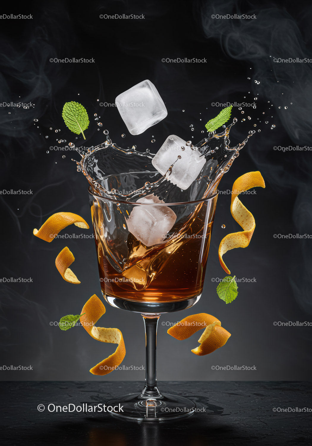 Whiskey Cocktail with Ice Splash and Citrus Peel