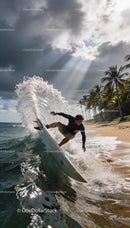 Surfer Carving a Wave Near Tropical Shoreline