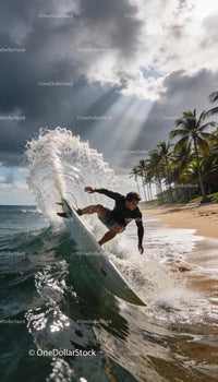 Surfer Carving a Wave Near Tropical Shoreline
