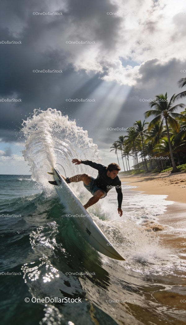 Surfer Carving a Wave Near Tropical Shoreline