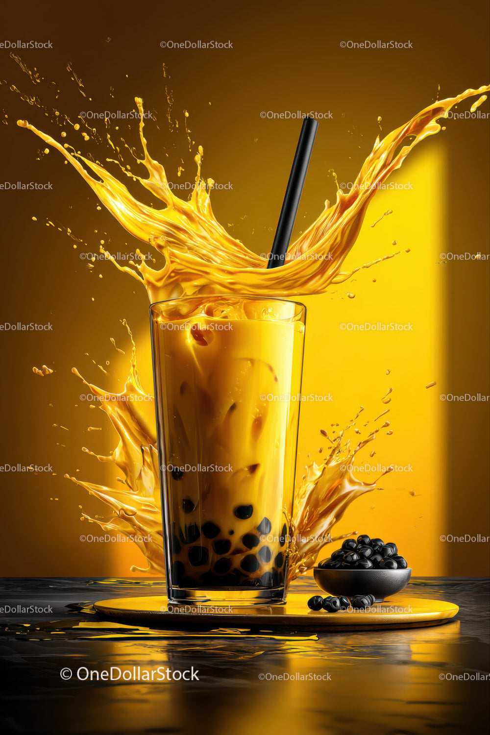 Bubble Tea with Black Tapioca Pearls and Splash in Glass
