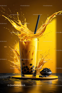 Bubble Tea with Black Tapioca Pearls and Splash in Glass