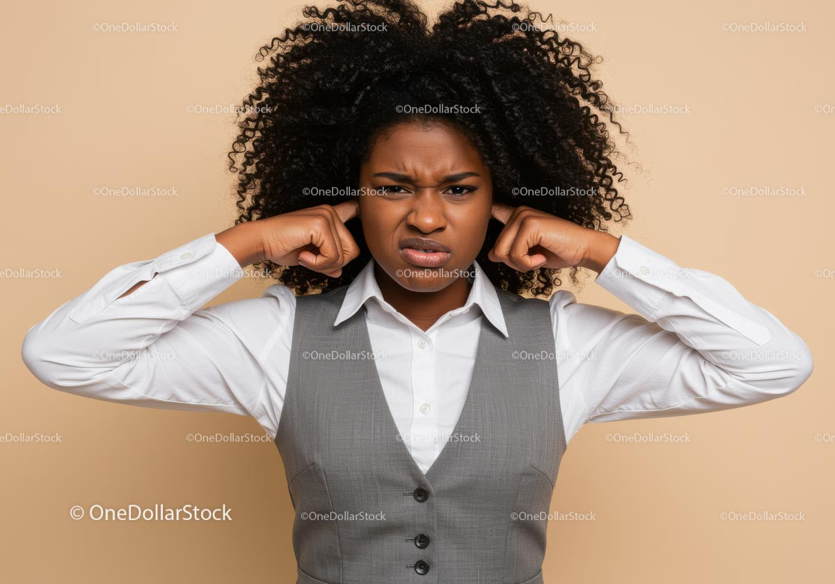 Frustrated Woman Covering Ears with Annoyed Expression