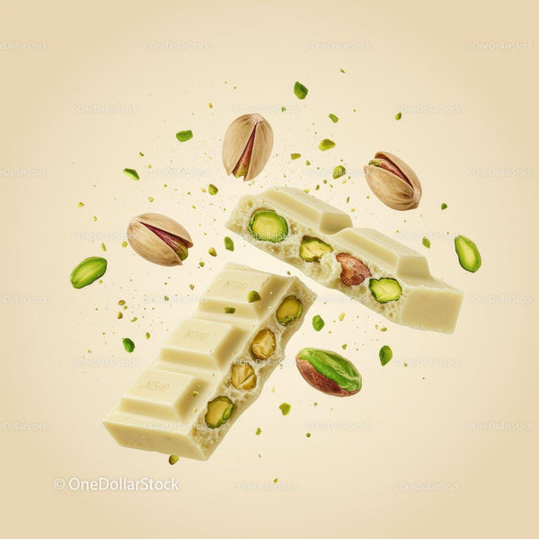White Chocolate Bar with Pistachio Nuts in Midair