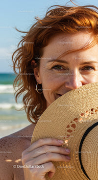 Joyful Woman Smiling with Straw Hat at Sunny Beach Scene