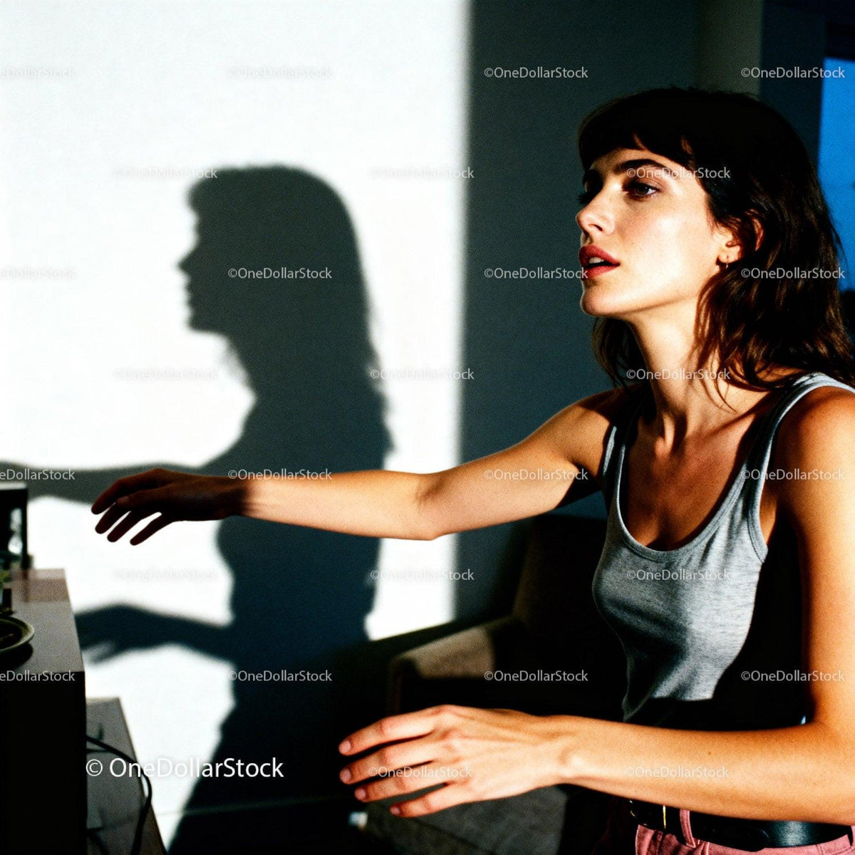 Young Woman Reaching Out with Dramatic Shadow Play