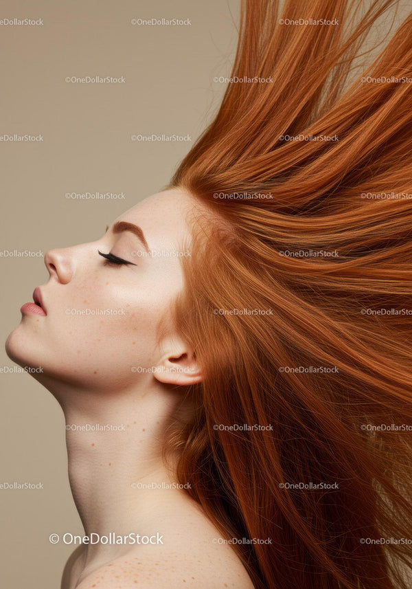 Profile of serene woman with flowing red hair