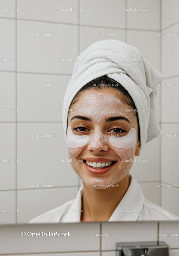 Smiling woman with face mask and eye patches in bathroom