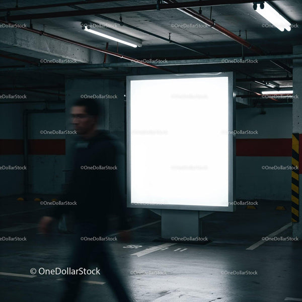 Blurred man walking past glowing billboard in parking lot JPG Mockup Image