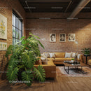 Modern Urban Living Room with Brick Wall and Green Monstera