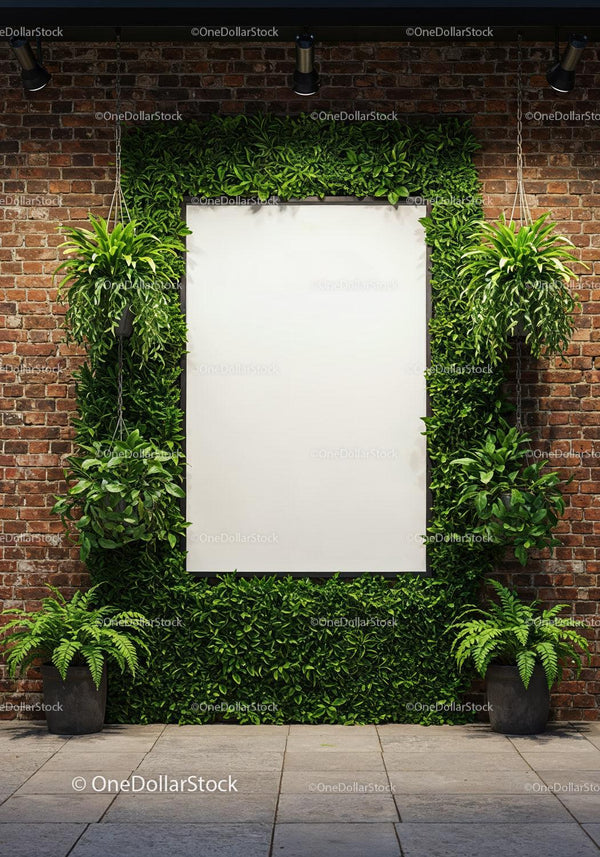 Greenery framed blank poster on brick wall with hanging plants JPG Mockup Image