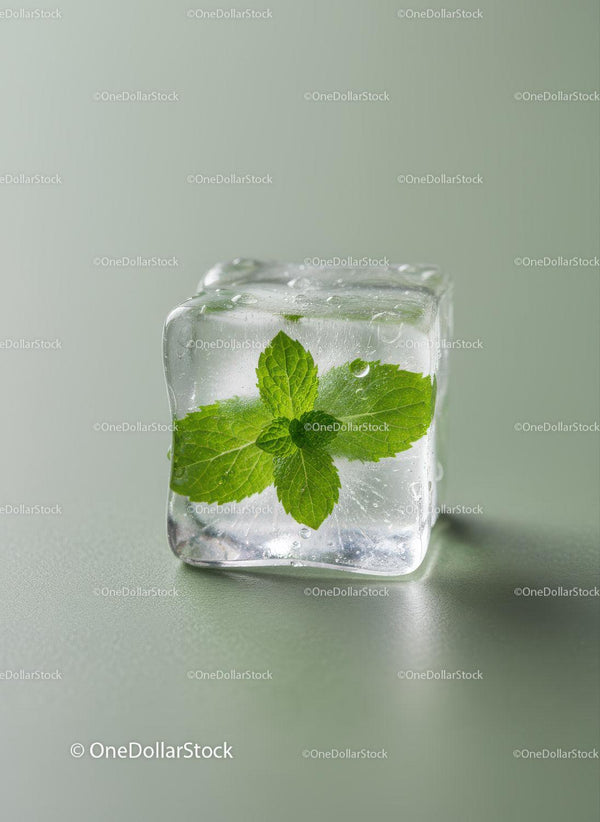 Fresh Mint Leaves Encased in a Clear Ice Cube