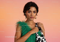 Stylish Woman in Green Feathered Top and Animal Print Scarf