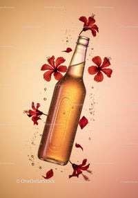 Refreshing beverage bottle surrounded by red hibiscus flowers