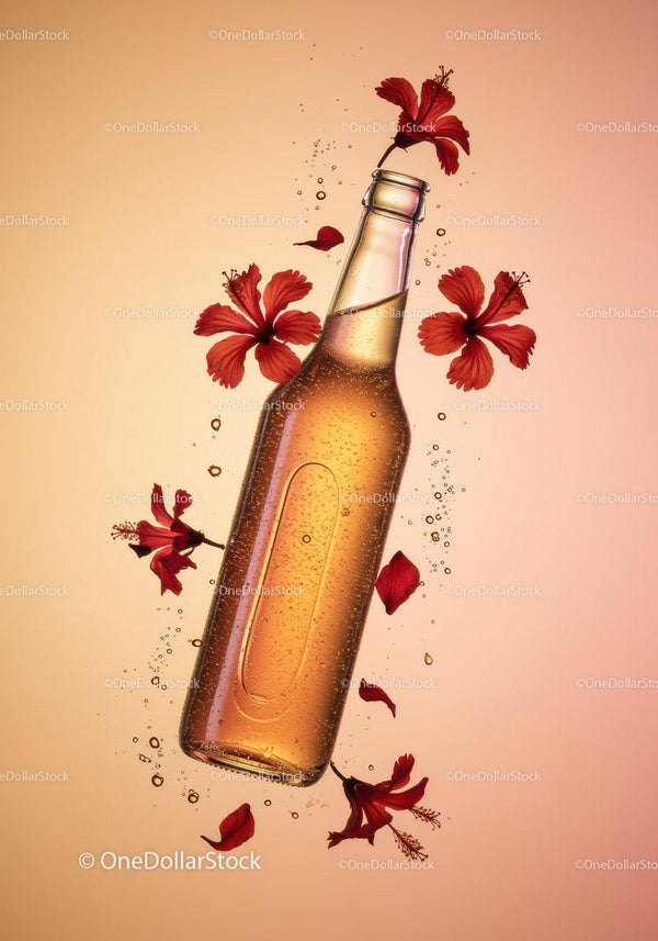 Refreshing beverage bottle surrounded by red hibiscus flowers