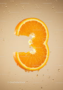 Fresh orange slice shaped as number three with water droplets