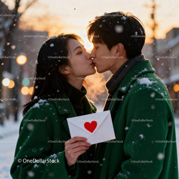 Couple sharing a tender kiss in snowy winter evening