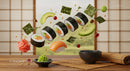 Floating sushi rolls with fresh ingredients and wasabi