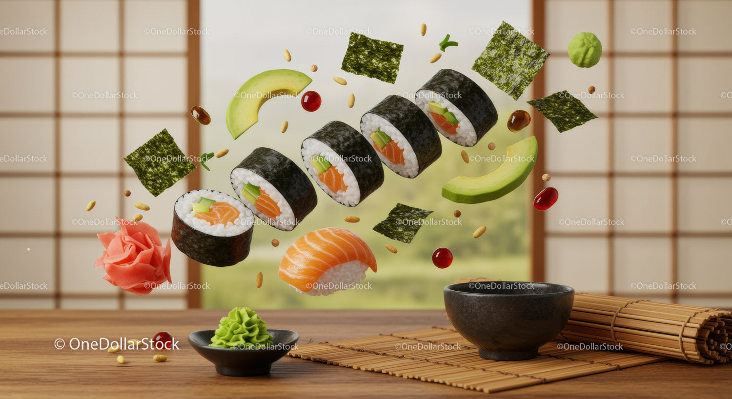 Floating sushi rolls with fresh ingredients and wasabi